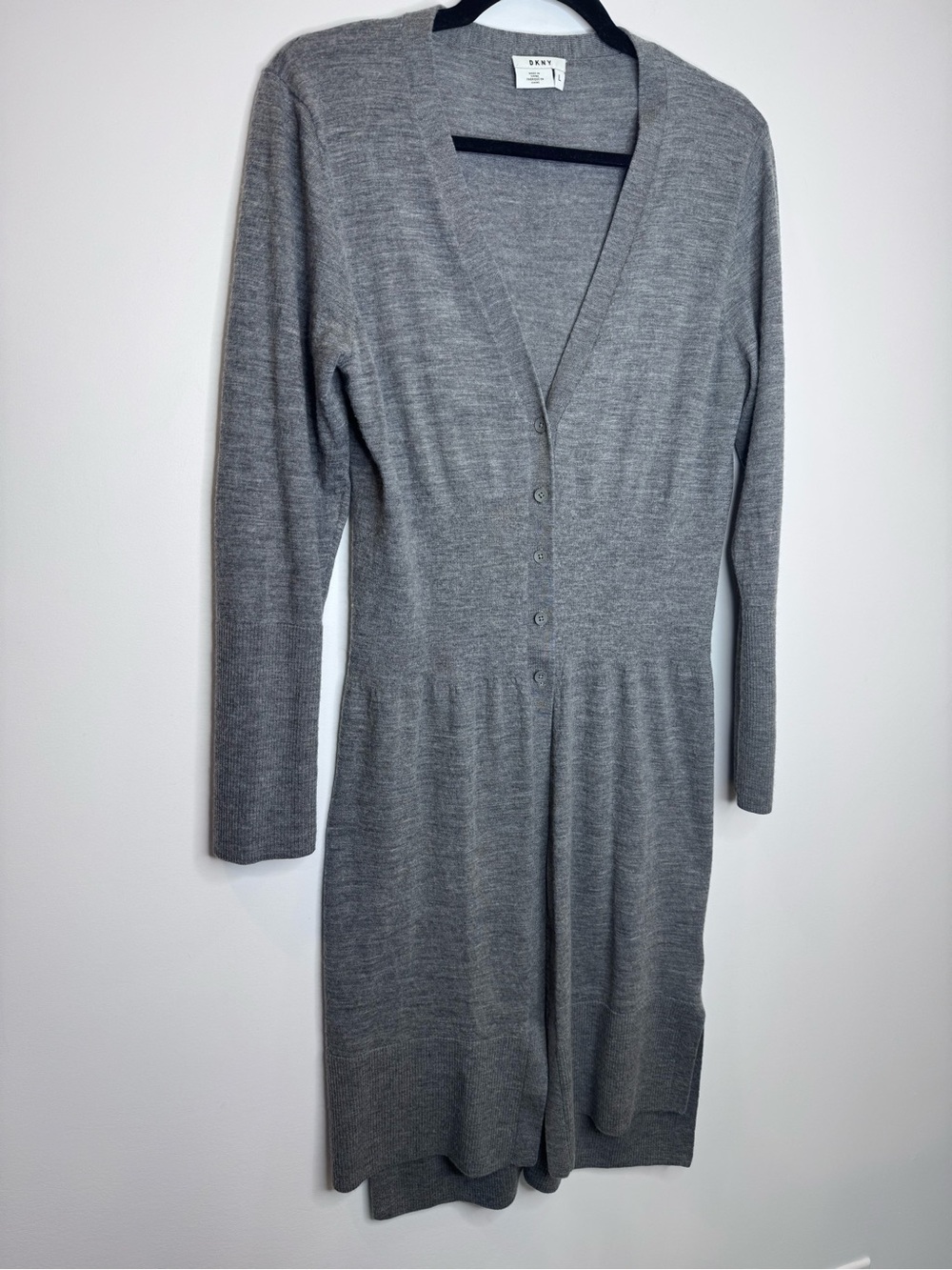 DKNY merino wool Long Gray Open-Front Women's Cardigan sz large - Picture 3 of 9